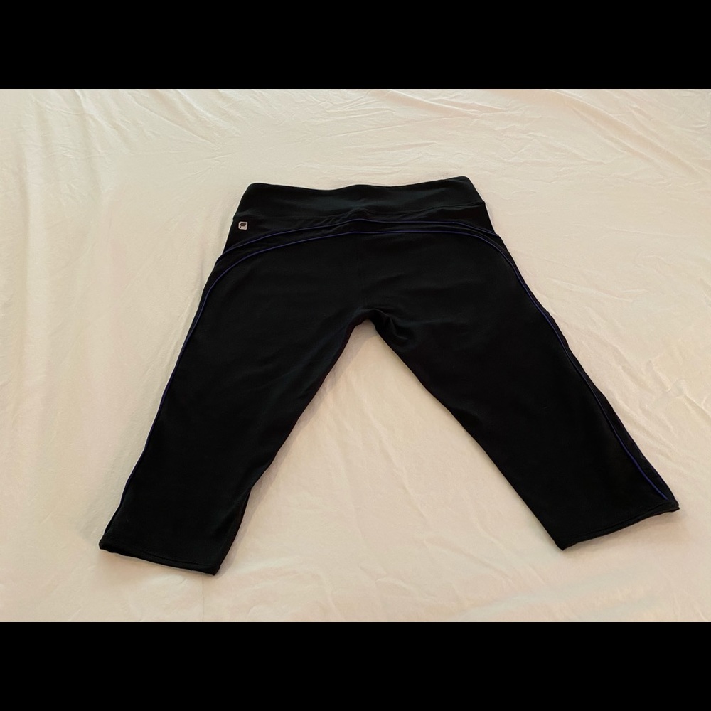 Fabletics crop black leggings w/ purple piping